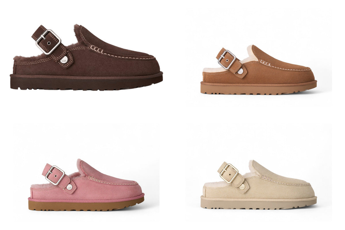 Les quatre UGG Goldenstar Evelina Clog de profil : Burnt Cedar brun foncé, Chestnut camel, Dusty Orchid rose et Sand Castle beige, bride à boucle et doublure en peau lainée