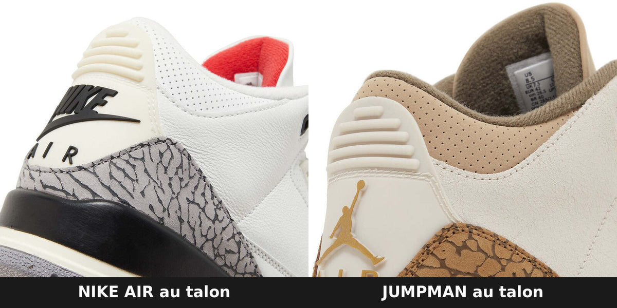 Talons de deux Air Jordan 3 côte à côte : logo Nike Air sur la White Cement Reimagined, logo Jumpman sur la Palomino