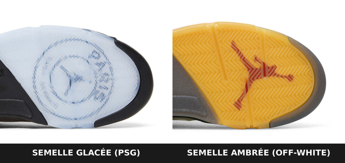 Semelles de Air Jordan 5 vues de dessous : semelle glacée bleutée de la Low PSG avec le logo Paris visible par transparence, et semelle ambrée de la Off-White Sail