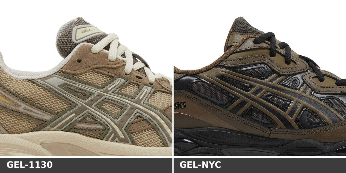 Gros plan côte à côte : Asics Gel-1130 Wood Crepe Mink en mesh beige et daim marron, et Asics Gel-NYC Dark Sepia en cuir synthétique marron foncé et noir