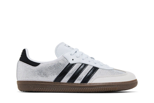 Adidas Samba OG Rhinestone Crystal White Silver, tige blanche couverte de strass et bandes noires