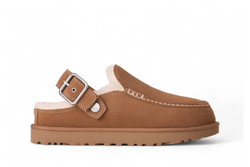UGG Goldenstar Evelina Clog Chestnut camel de profil, fourrure crème au col